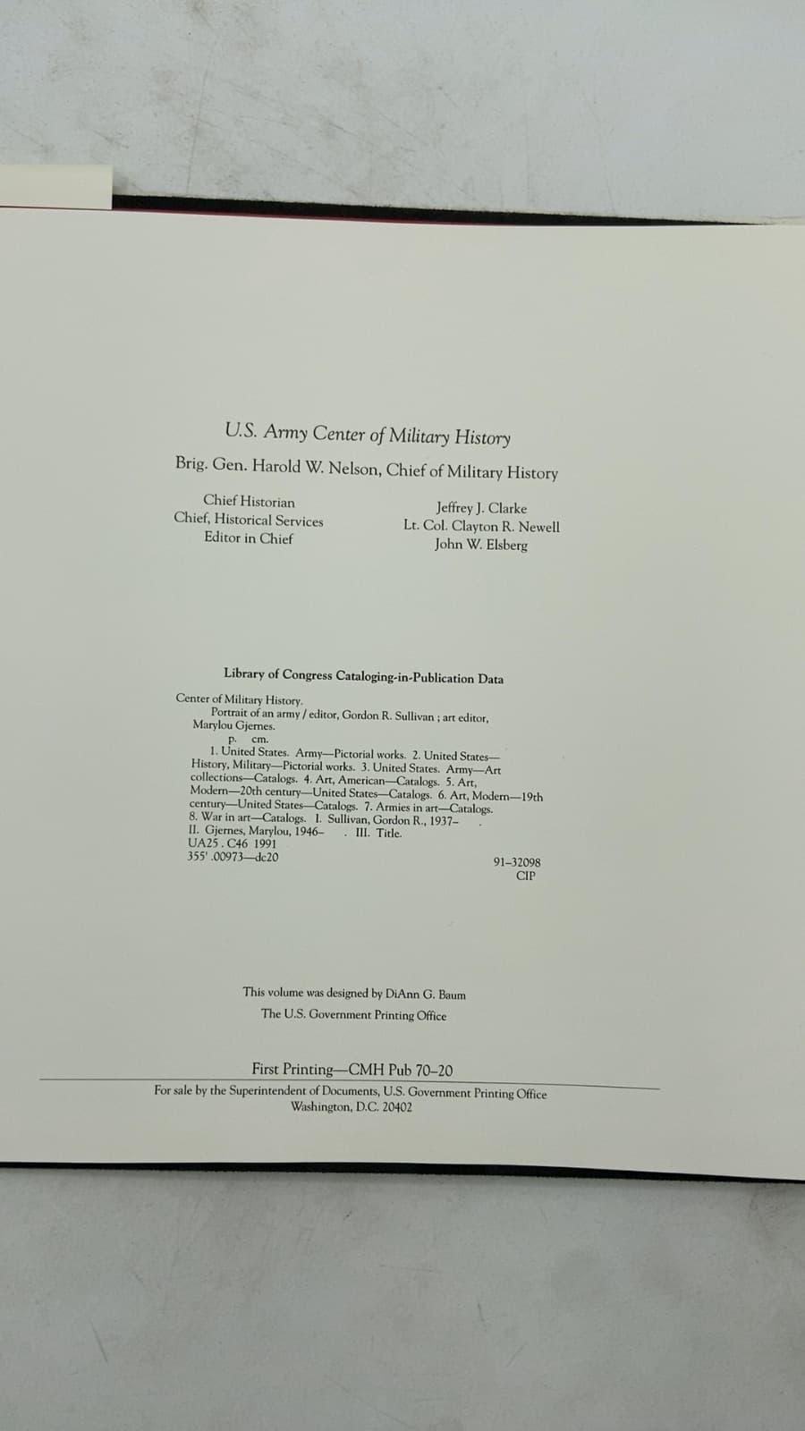 Portrait of an Army by General Gordon R. Sullivan (Editor), Marylou Gjernes (Art Editor) - copyright page showing 1991 details